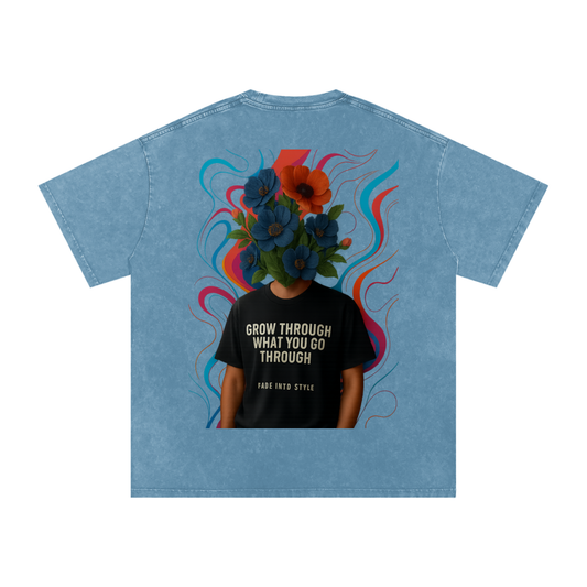 "Flourish in Adversity" Blue Jeans Acid Wash Oversize T-Shirt