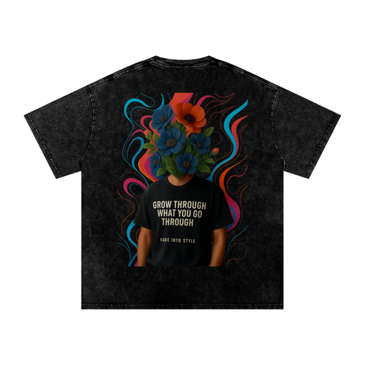 "Flourish in Adversity" Black Acid Wash Oversize T-Shirt