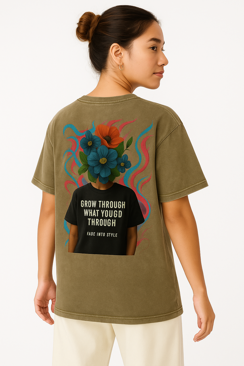 "Flourish in Adversity" Gray Green Acid Wash Oversize T-Shirt