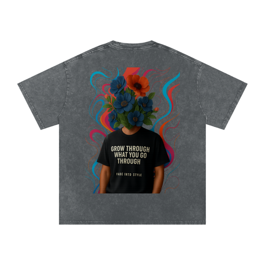"Flourish in Adversity" Pirate Gray Acid Wash Oversize T-Shirt
