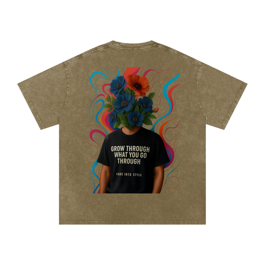 "Flourish in Adversity" Gray Green Acid Wash Oversize T-Shirt