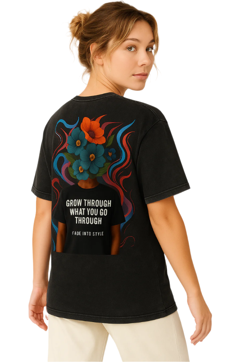 "Flourish in Adversity" Black Acid Wash Oversize T-Shirt
